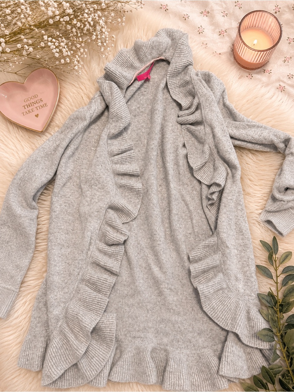 Lilly Pulitzer Light Gray Ruffle-Trim Open Cardigan